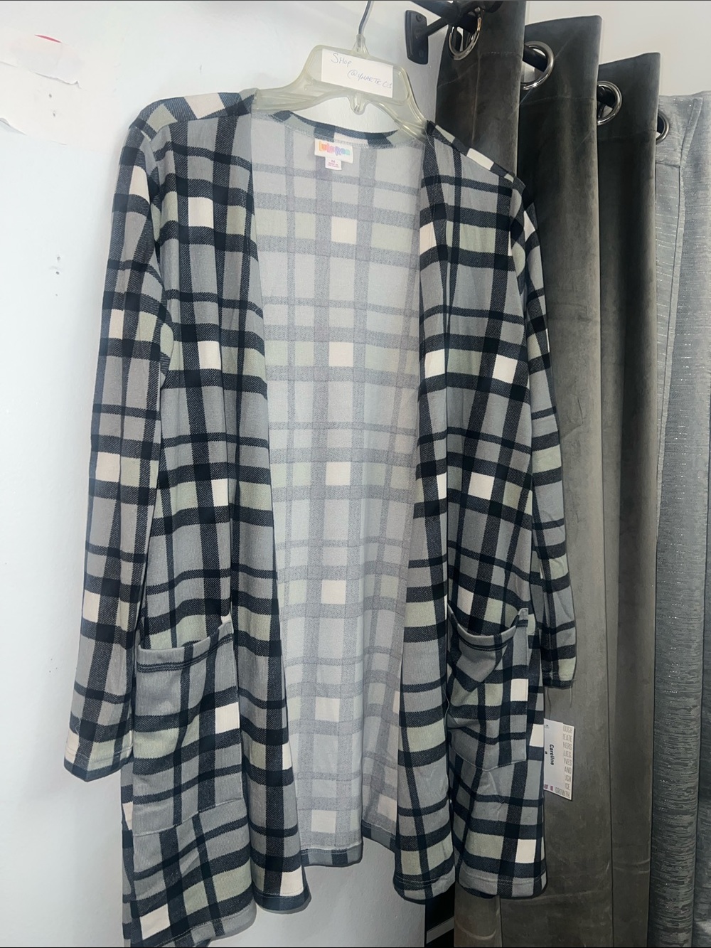 LuLaRoe Plaid Open Cardigan in Gray, Black, White